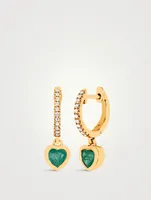 Mini 14K Gold Heart Drop Huggie Hoop Earrings With Emerald And Diamonds