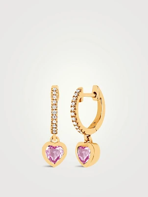 Mini 14K Gold Heart Drop Huggie Hoop Earrings With Pink Sapphire And Diamonds