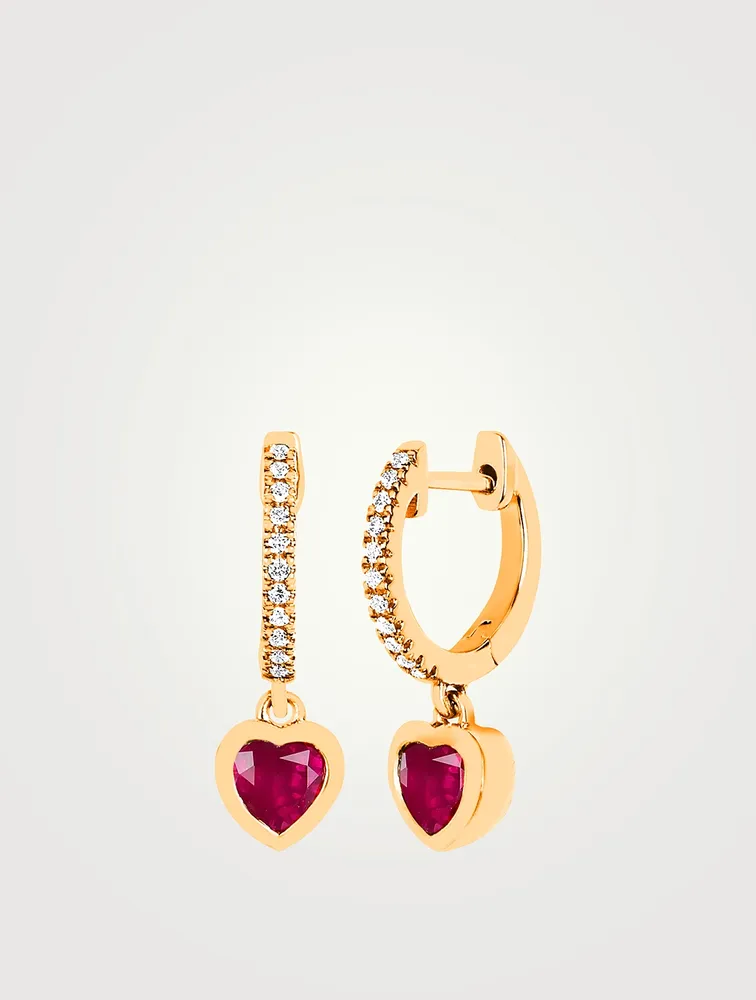 Mini 14K Gold Heart Drop Huggie Hoop Earrings With Ruby And Diamonds