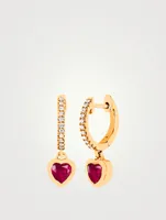 Mini 14K Gold Heart Drop Huggie Hoop Earrings With Ruby And Diamonds