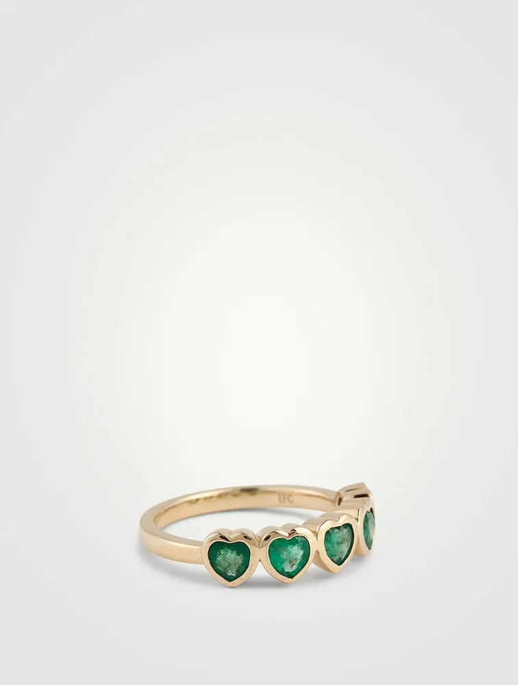 14K Gold Multi Heart Ring With Emeralds