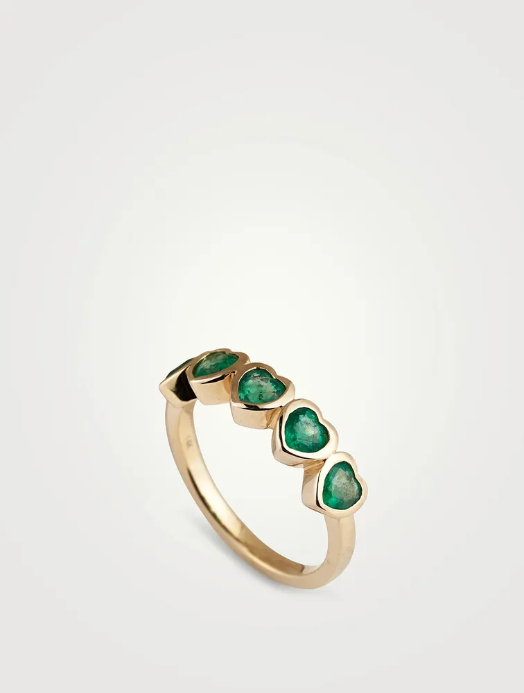 14K Gold Multi Heart Ring With Emeralds