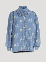 Puff-Sleeve Denim Shirt Floral Print