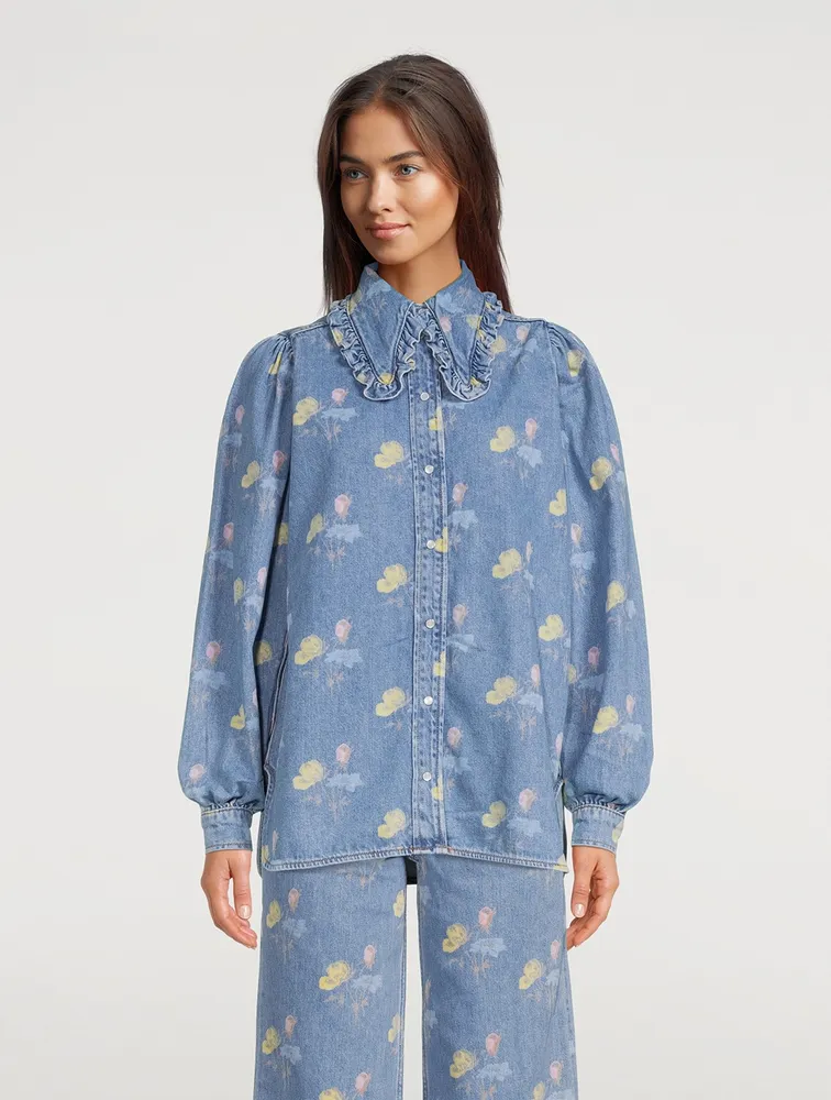 Puff-Sleeve Denim Shirt Floral Print