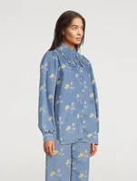 Puff-Sleeve Denim Shirt Floral Print