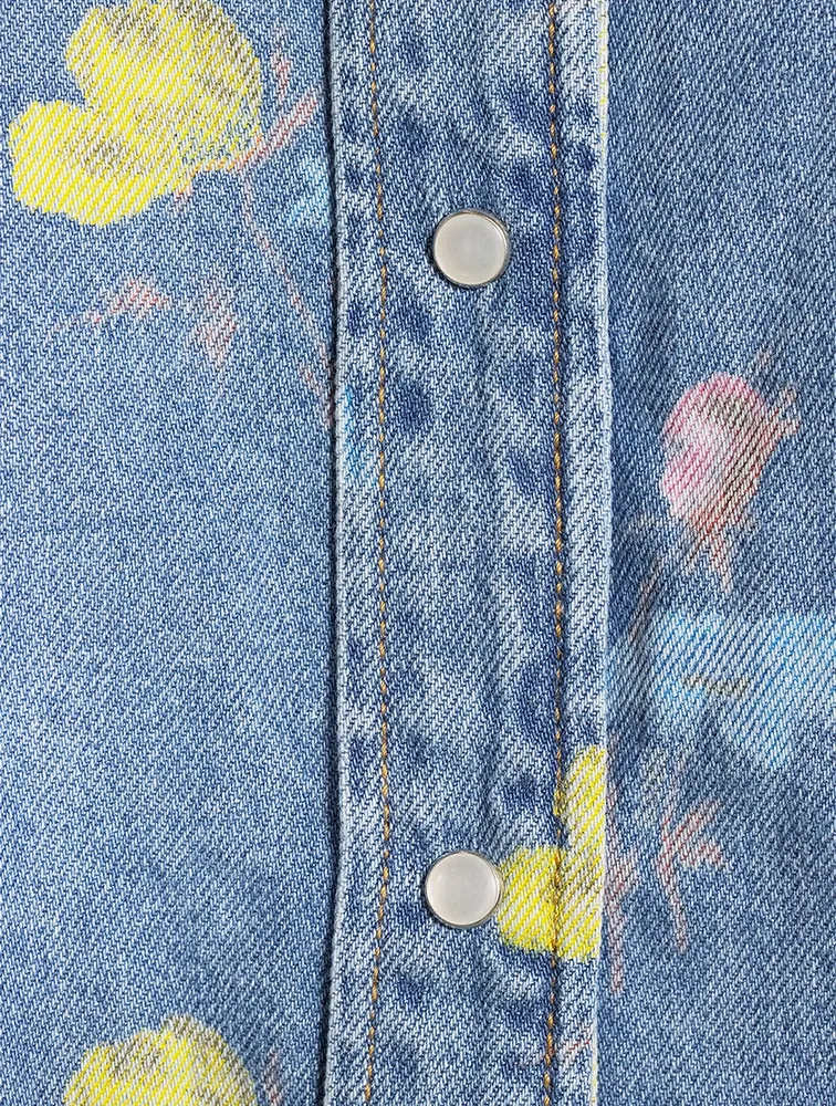 Puff-Sleeve Denim Shirt Floral Print