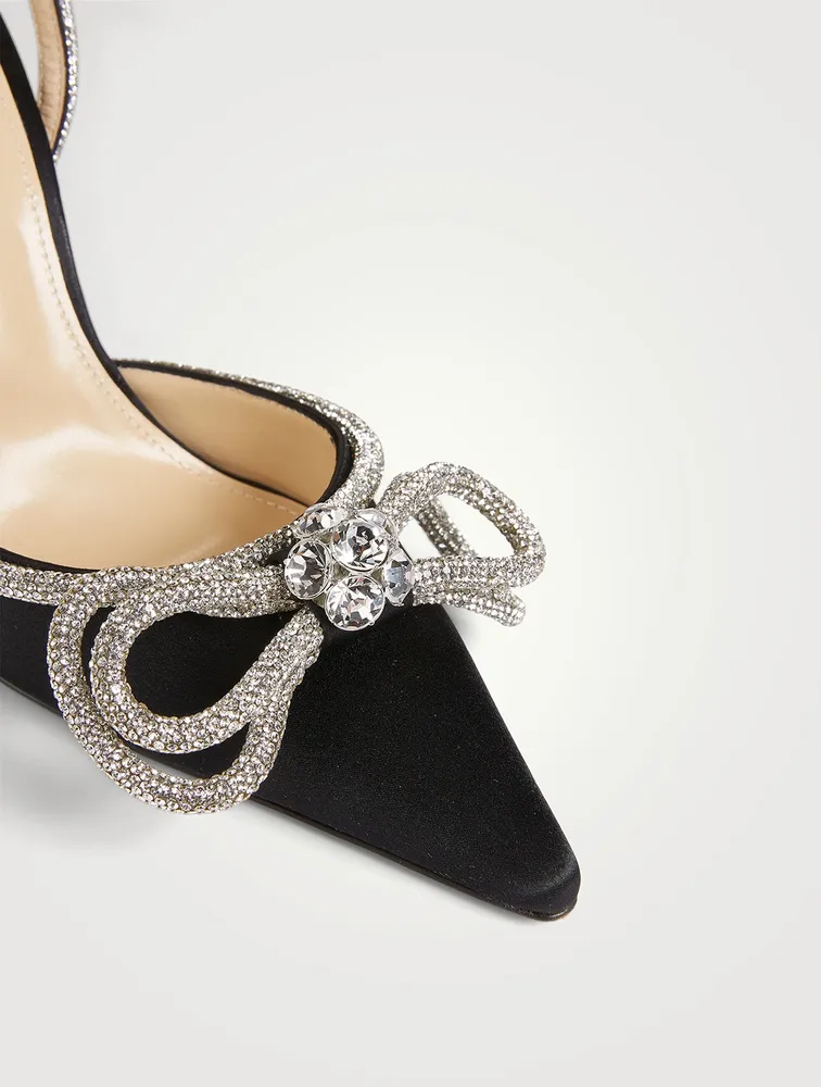 Double Bow Crystal-Embellished Satin Pumps