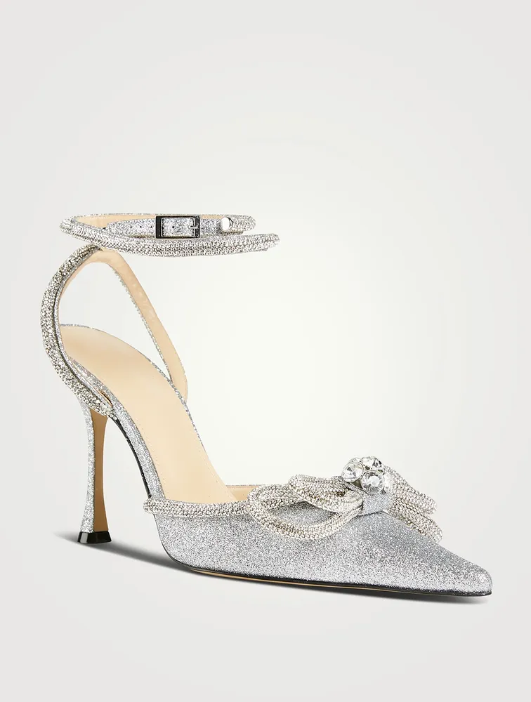 Double Bow Crystal-Embellished Glitter Pumps