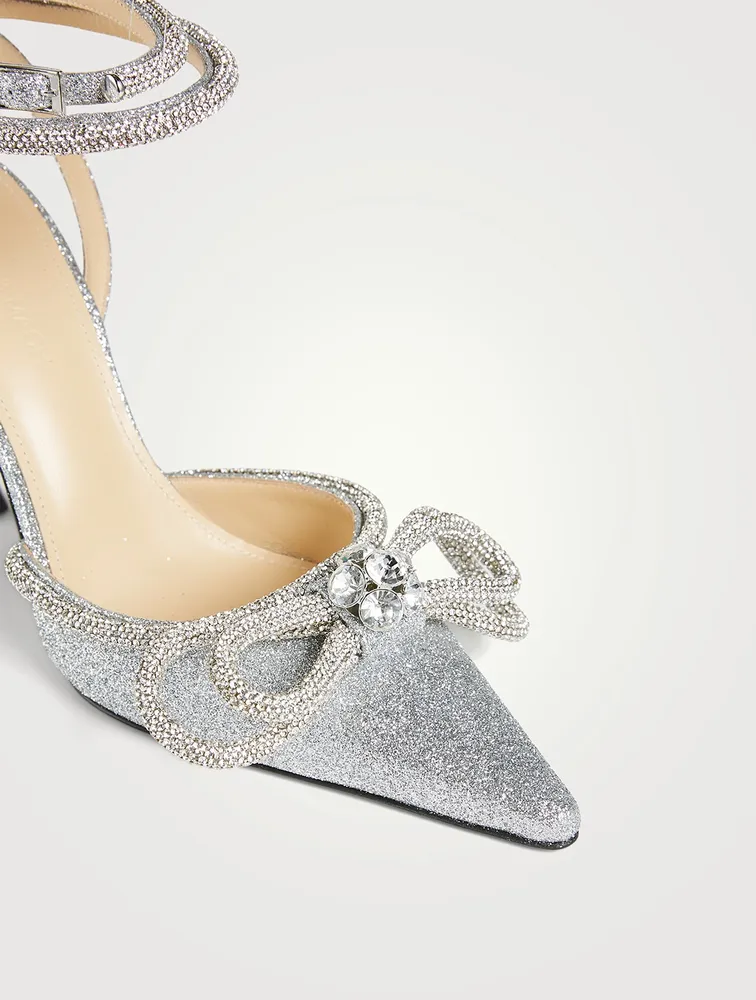 Double Bow Crystal-Embellished Glitter Pumps