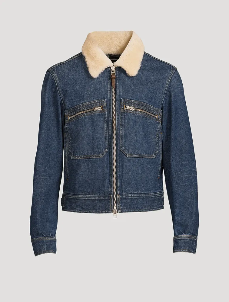 Denim Zip Blouson Jacket With Shearling Collar