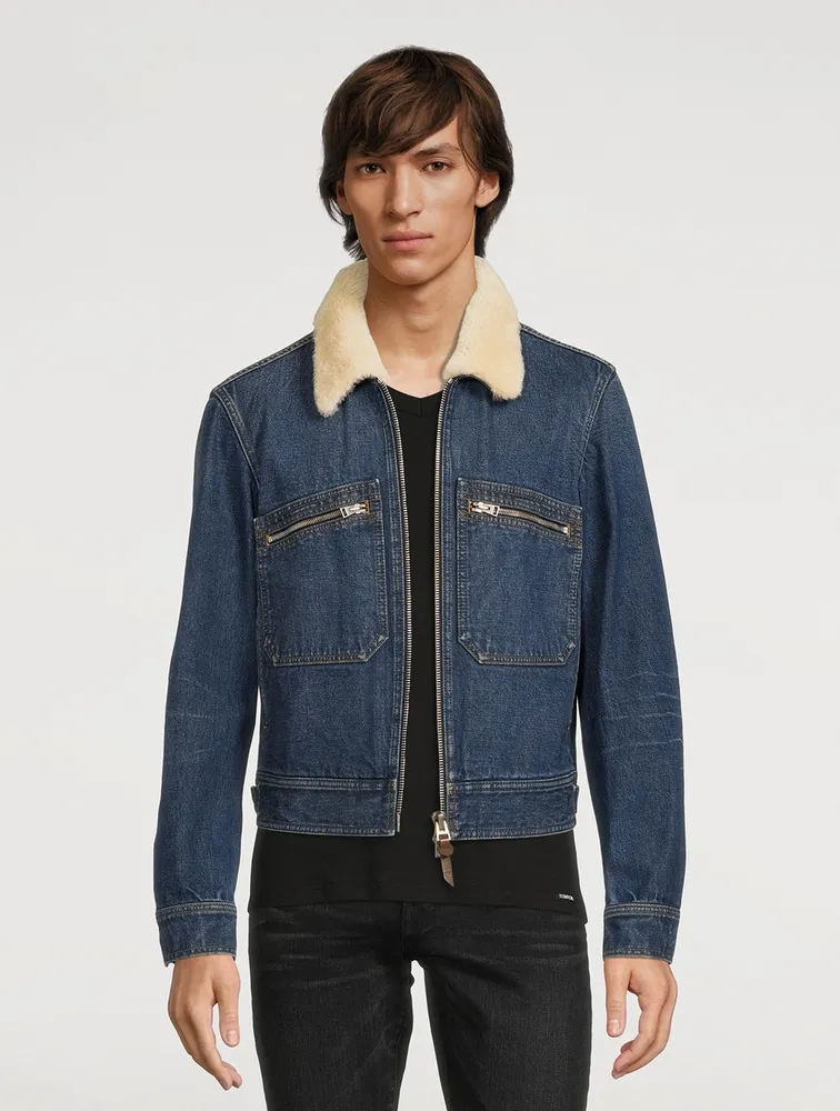 Denim Zip Blouson Jacket With Shearling Collar