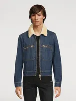 Denim Zip Blouson Jacket With Shearling Collar