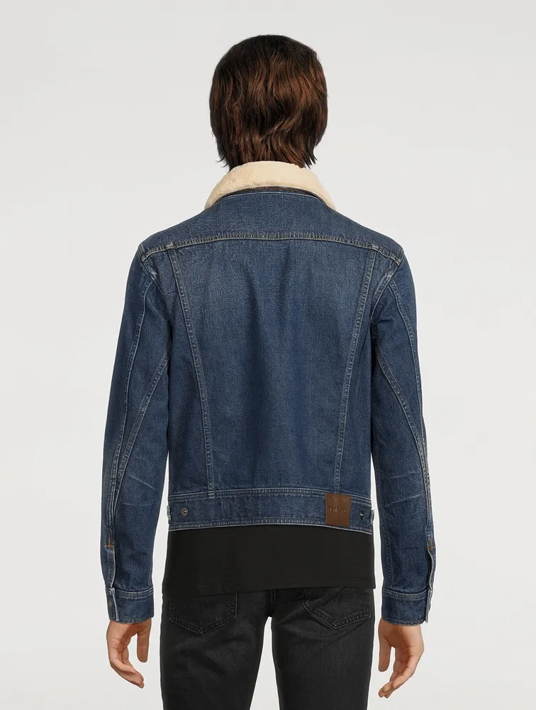 Denim Zip Blouson Jacket With Shearling Collar