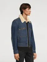Denim Zip Blouson Jacket With Shearling Collar