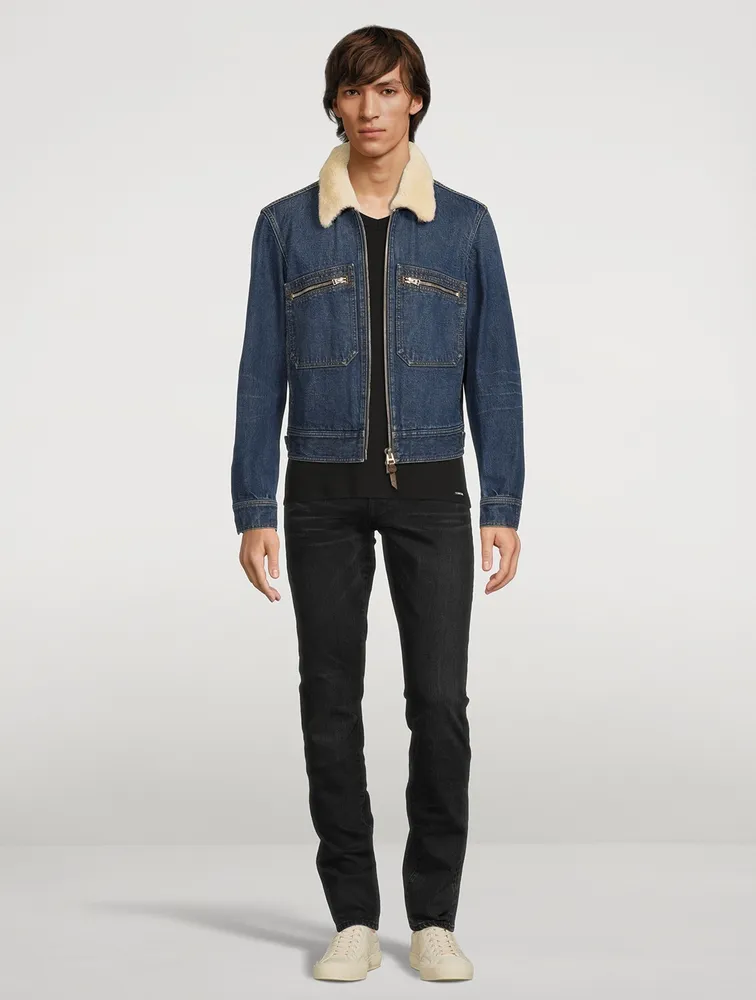Denim Zip Blouson Jacket With Shearling Collar