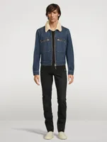 Denim Zip Blouson Jacket With Shearling Collar