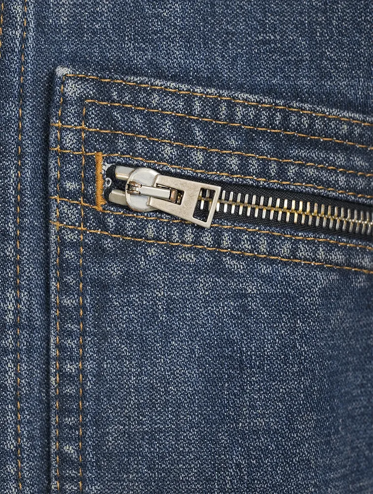 Denim Zip Blouson Jacket With Shearling Collar