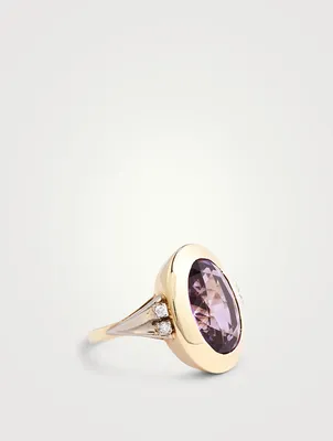 Vintage 14K Gold Oval Amethyst Cocktail Ring With Diamonds