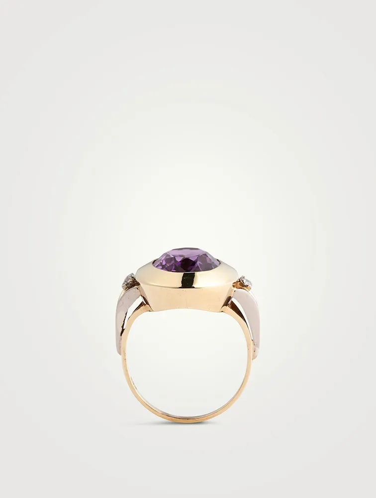 Vintage 14K Gold Oval Amethyst Cocktail Ring With Diamonds