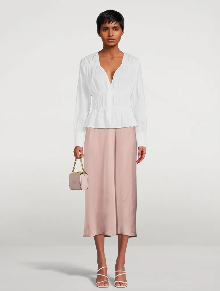 Draped Pleat Satin Midi Skirt