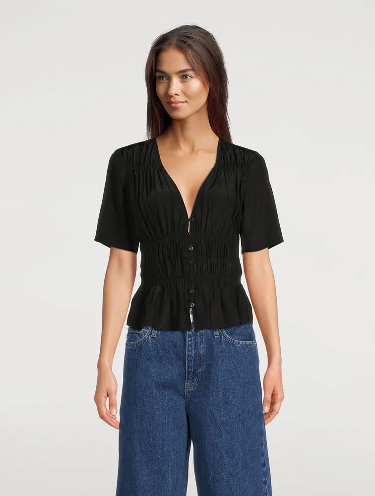 Ruched Silk V-Neck Blouse