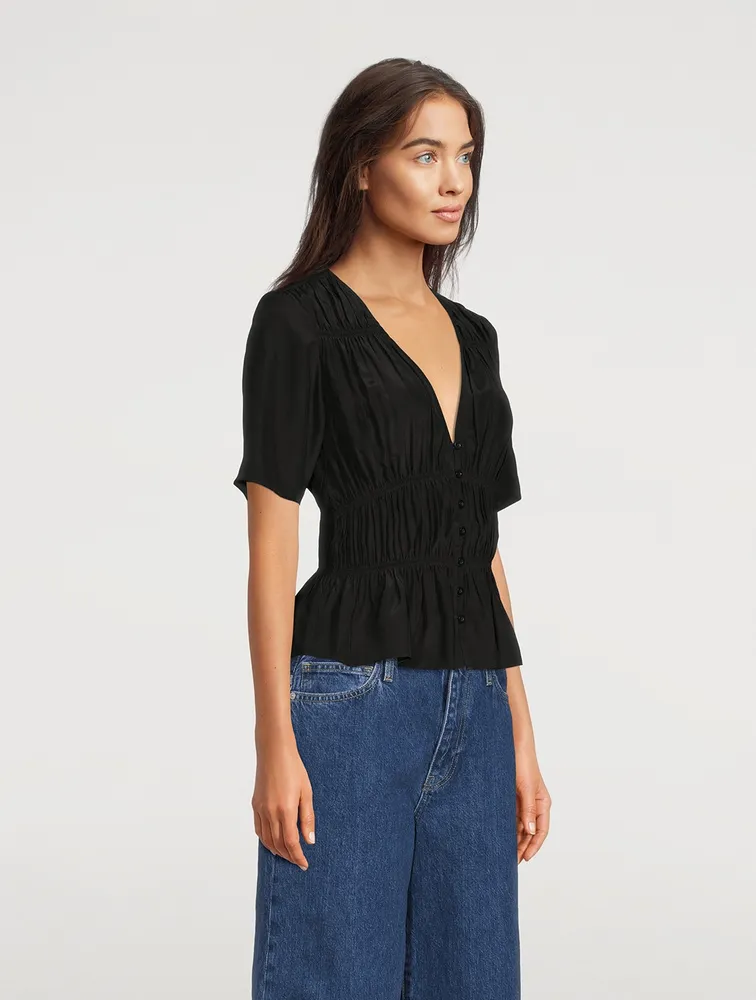 Ruched Silk V-Neck Blouse