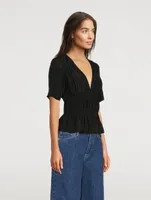 Ruched Silk V-Neck Blouse