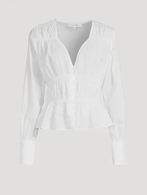 Ruched Cotton V-Neck Blouse