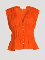 Ruched Cotton V-Neck Sleeveless Blouse