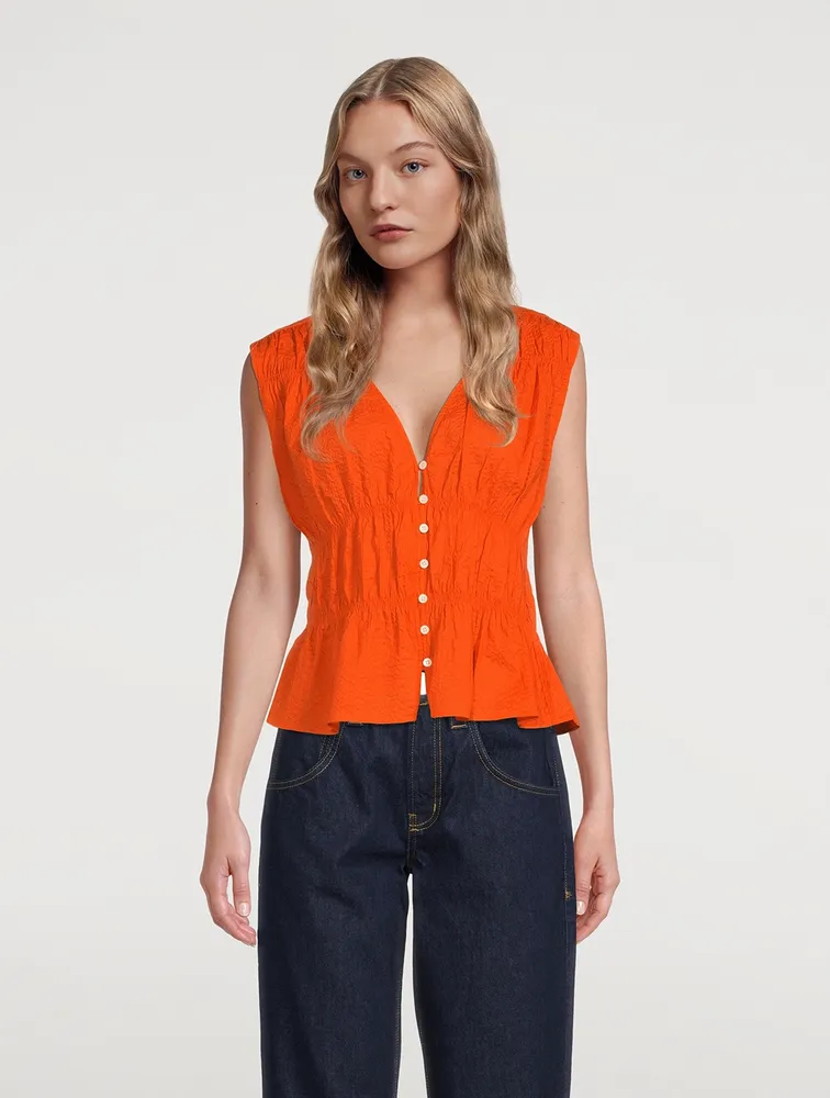 Ruched Cotton V-Neck Sleeveless Blouse