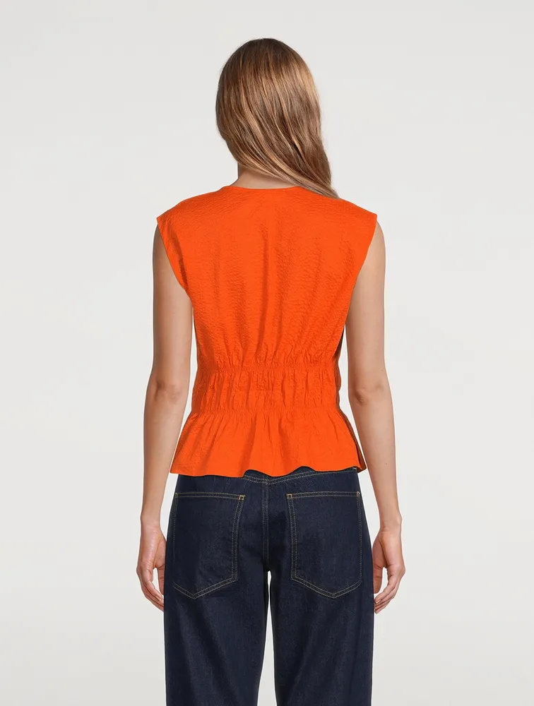 Ruched Cotton V-Neck Sleeveless Blouse