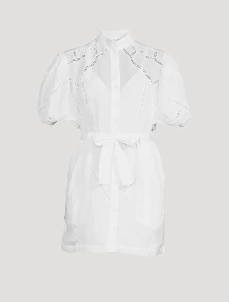 Inset Lace Puff-Sleeve Shirt Dress