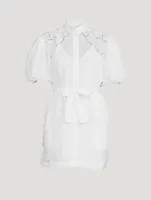 Inset Lace Puff-Sleeve Shirt Dress