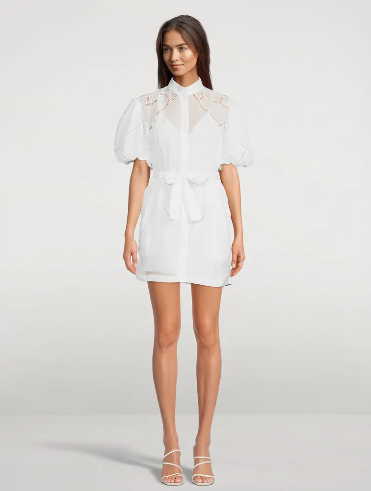 Inset Lace Puff-Sleeve Shirt Dress