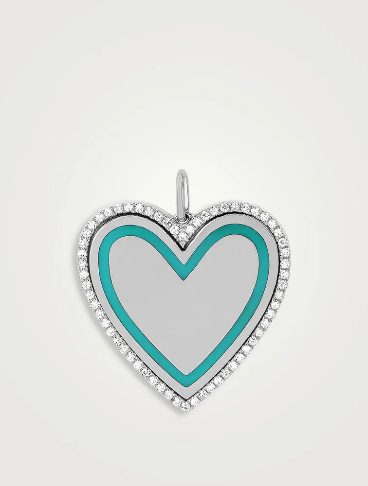 14K White Gold Enamel Heart Pendant With Diamonds