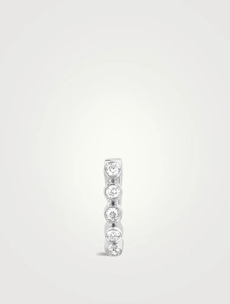 14K White Gold Bezel Huggie Hoop Earring With Diamonds