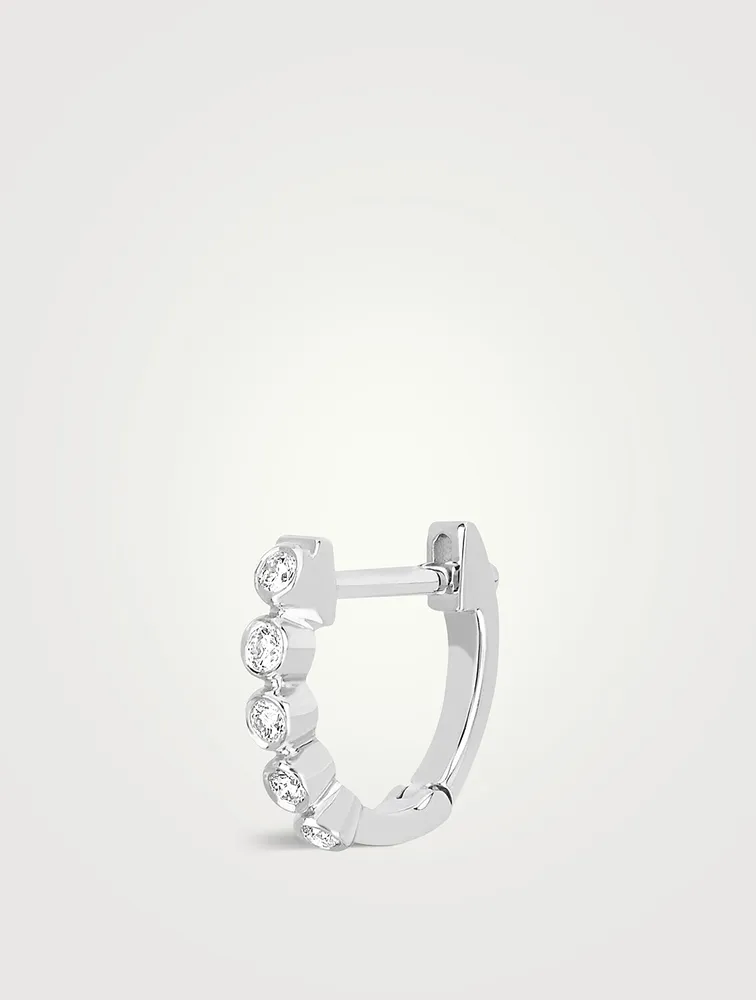 14K White Gold Bezel Huggie Hoop Earring With Diamonds