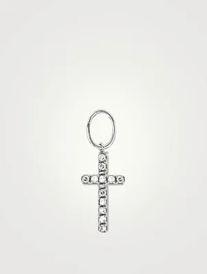 14K White Gold Mini Cross Huggie Charm With Diamonds