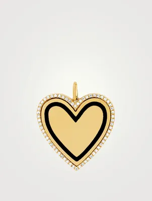 14K Gold Black Enamel Heart Charm Pendant With Diamonds