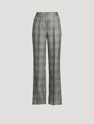 Cashmere Silk Gabardine Wide-Leg Trousers Check Print