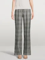 Cashmere Silk Gabardine Wide-Leg Trousers Check Print