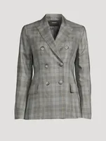 Cashmere Silk Gabardine Double-Breasted Blazer Check Print