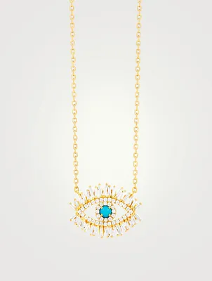 Medium 18K Gold Pavé Evil Eye Pendant Necklace With Turquoise And Diamonds
