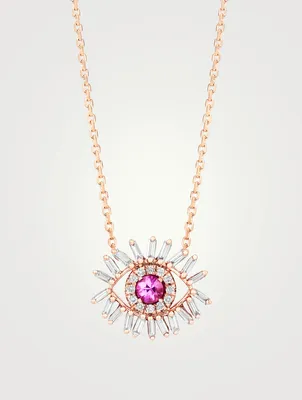 Mini 18K Rose Gold Evil Eye Pendant Necklace With Pink Sapphire And Diamonds