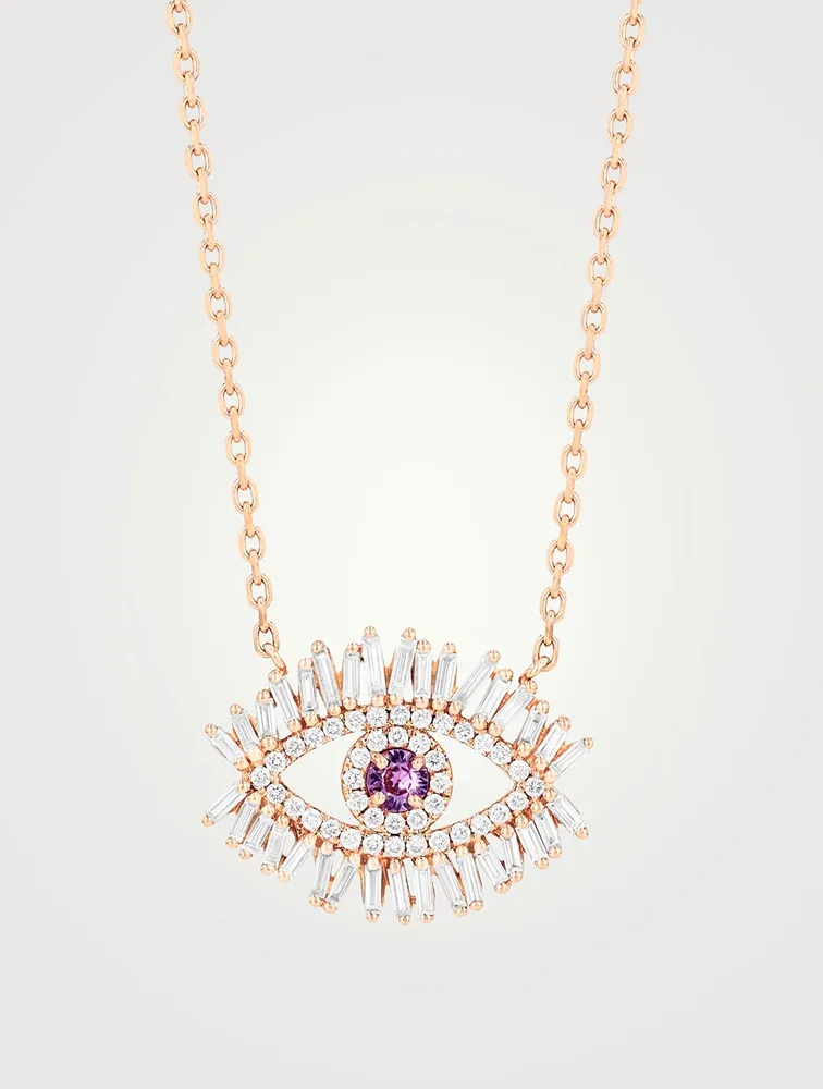 Medium 18K Rose Gold Pavé Evil Eye Pendant Necklace With Pink Sapphire And Diamonds