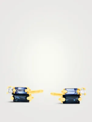 18K Gold Layered Stud Earrings With Blue Sapphires And Diamonds
