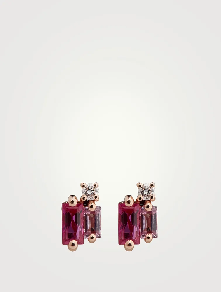 18K Rose Gold Layered Stud Earrings With Pink Sapphires And Diamonds