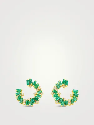 Small Fireworks 18K Gold Spiral Hoop Earrings With Diamonds And Emeralds