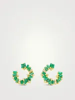 Small Fireworks 18K Gold Spiral Hoop Earrings With Diamonds And Emeralds