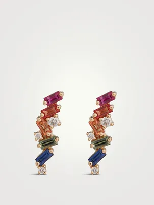 Rainbow Fireworks 18K Gold Frenzy Zig-Zag Stud Earrings With Sapphires And Diamonds
